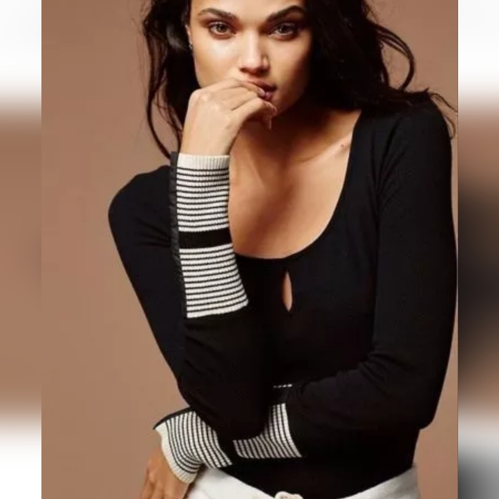 Free People 'We The Free" Mod Striped Cuff Thermal Top Features Hook&Eye Closure